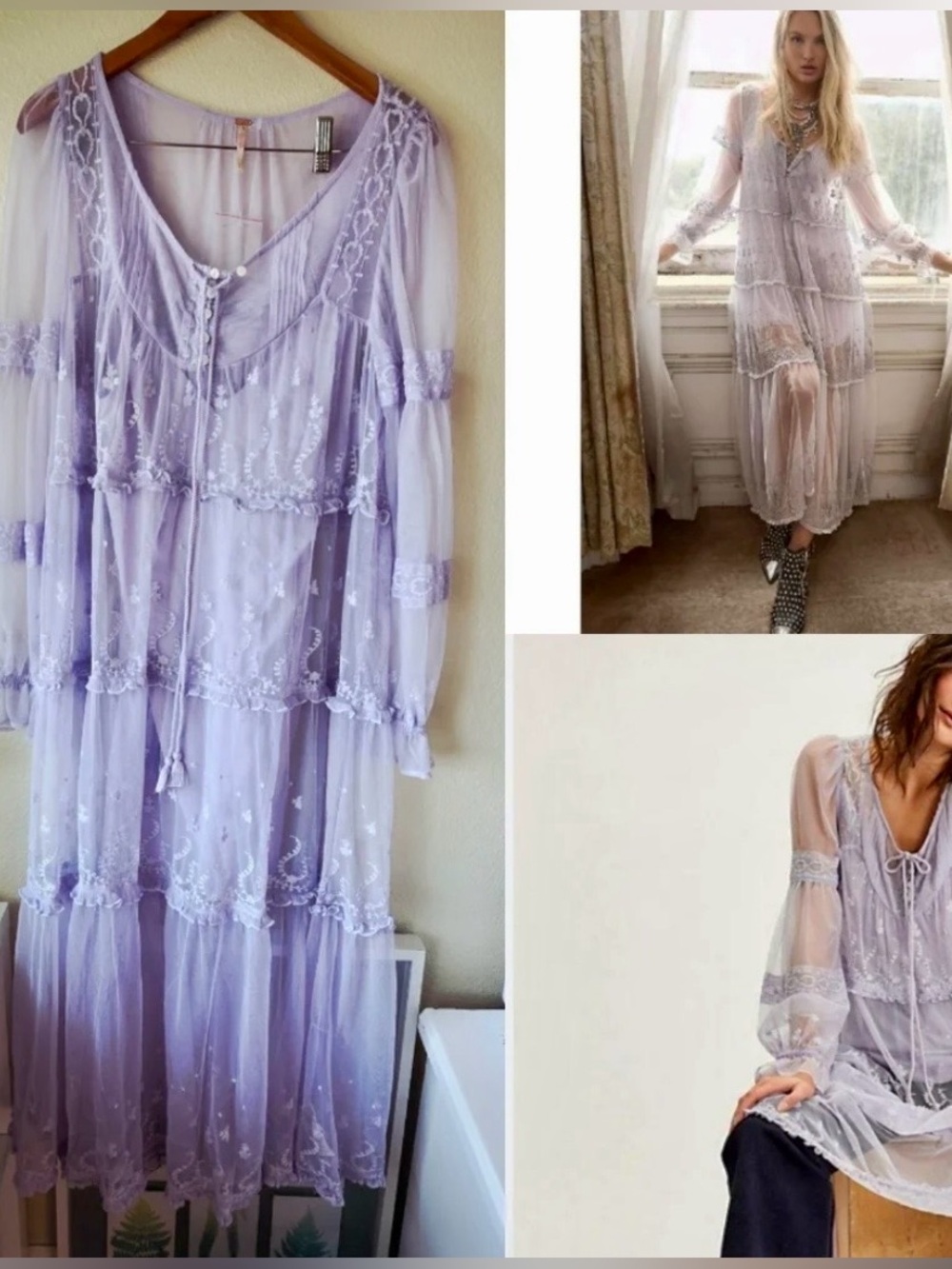 Free People Sheer Lavender Tiered Lace Maxi Dress